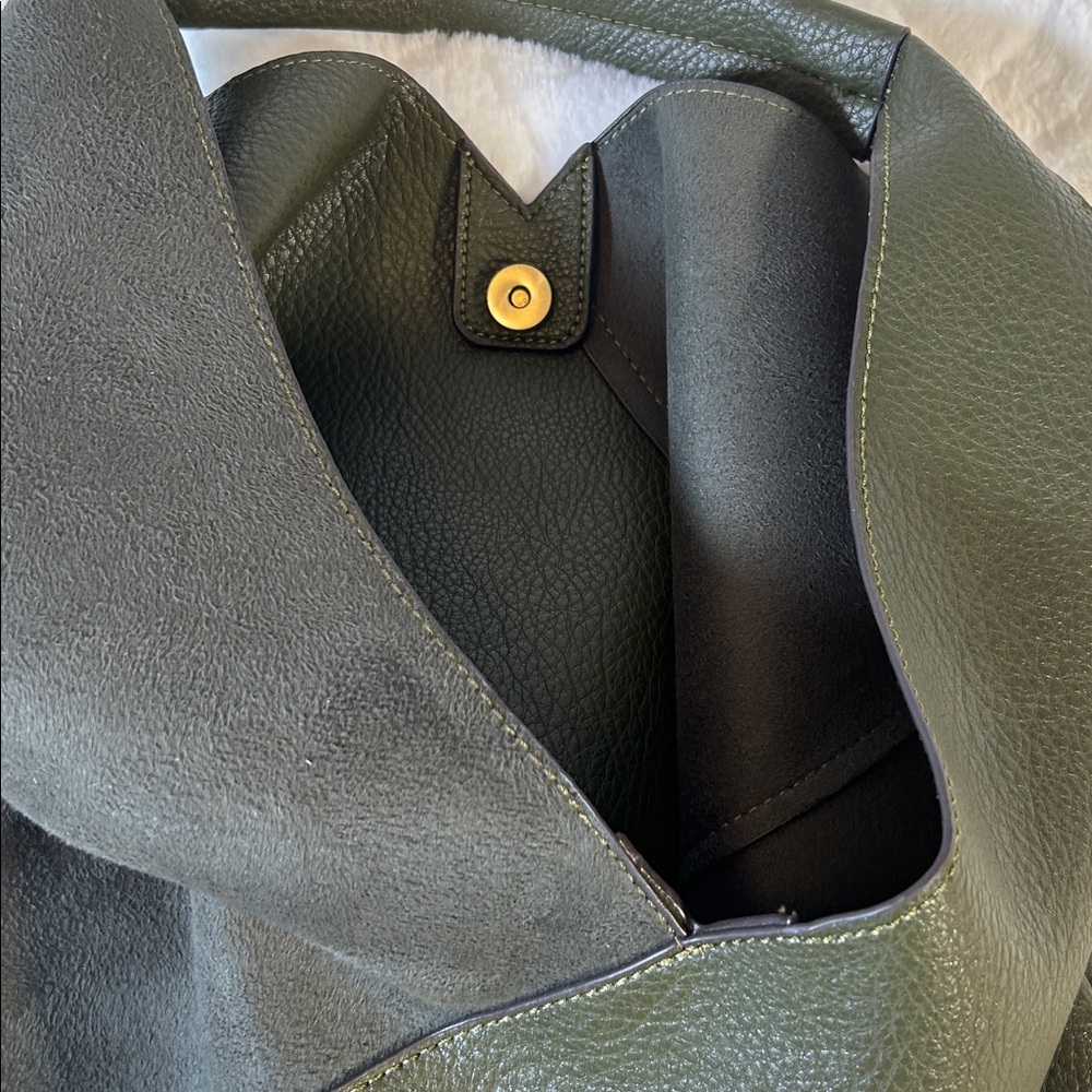 Olive Green Leather And Suede Hobo Tote Bag - Picture 7 of 10